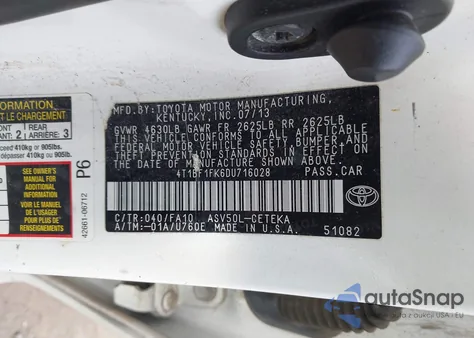 2013 Toyota Camry L из США, поврежденный, VIN 4T1BF1FK6DU716028